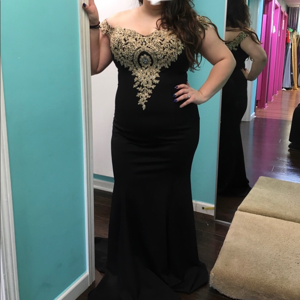Black and gold off the shoulder prom dress
